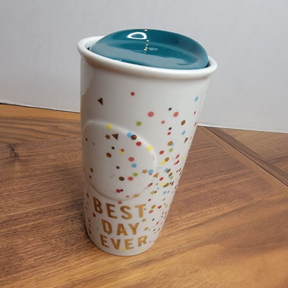 Starbucks Confetti Tumbler Best Day Ever Lid 10 oz Ceramic Travel Mug Celebrate